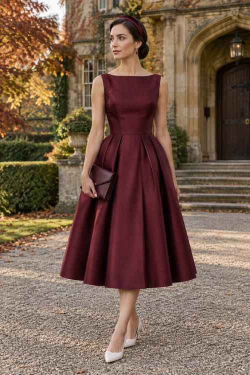 Woman wearing a sleeveless burgundy pleated midi dress with a matching clutch and headband, paired with white pointed-toe pumps.