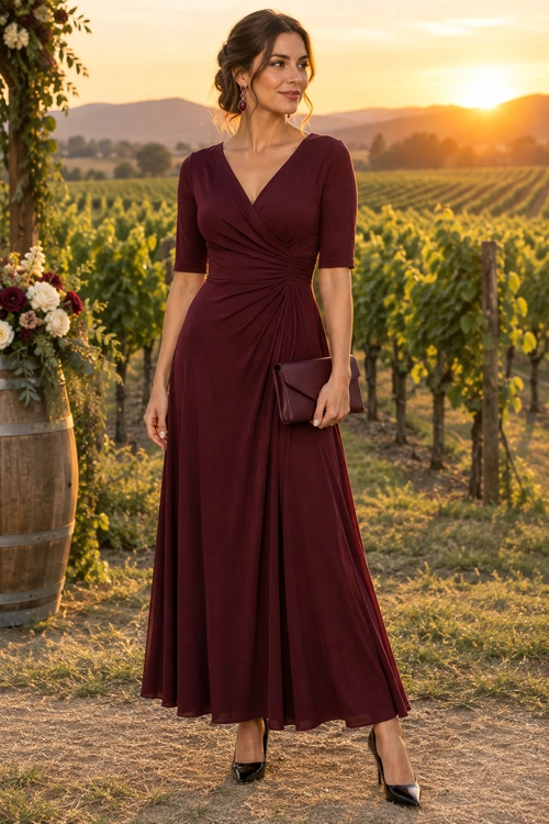 Burgundy Ruched Wrap Dress Outfit A woman wearing a burgundy ruched wrap-style maxi dress with black pointed heels, drop earrings, and a matching clutch.