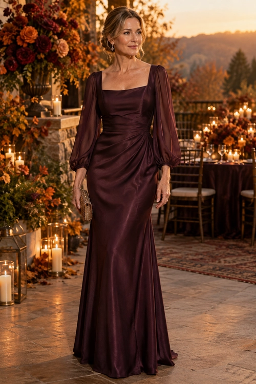 Woman wearing a burgundy satin floor-length dress with a square neckline, sheer long sleeves, and ruched draping at an elegant candlelit outdoor gathering.