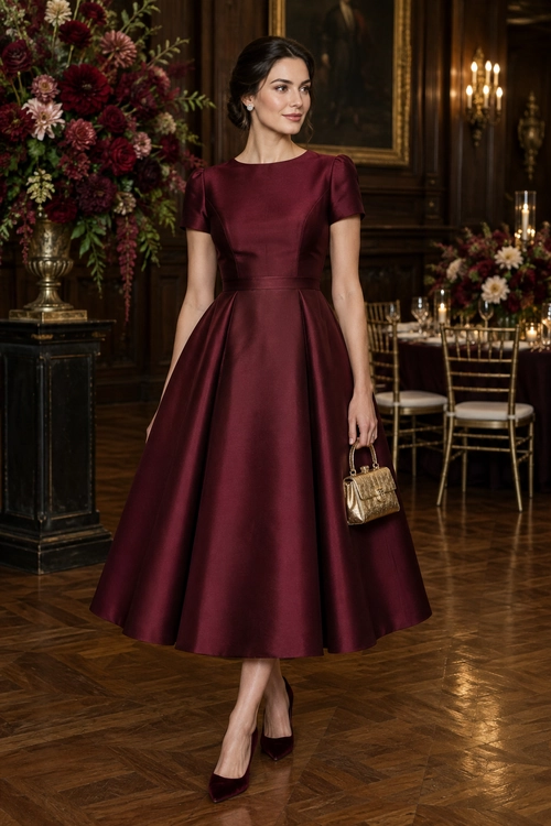 Burgundy Satin Midi Dress A woman wears a burgundy satin midi dress with short sleeves and a full skirt, paired with pointed heels and a small gold handbag.