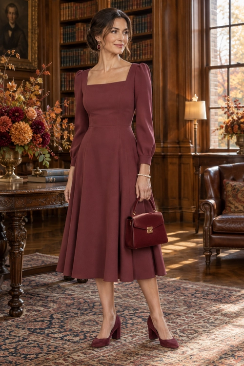 Woman wearing a burgundy square-neck midi dress with long sleeves, matching pointed-toe pumps, and a structured handbag.