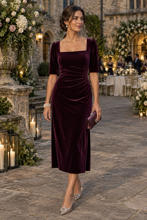 Burgundy Velvet Evening Dress Woman wearing a burgundy velvet midi dress with short sleeves, nude pointed-toe pumps, and a small clutch at an elegant outdoor evening gathering.