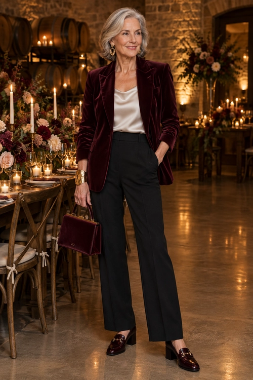 Burgundy Velvet Evening Outfit A woman wears a burgundy velvet blazer with an ivory satin top, black wide-leg trousers, burgundy loafers, and a matching handbag.
