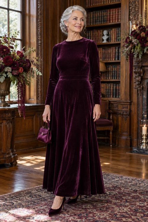 Woman wearing a long-sleeved burgundy velvet maxi dress with matching handbag and pumps.