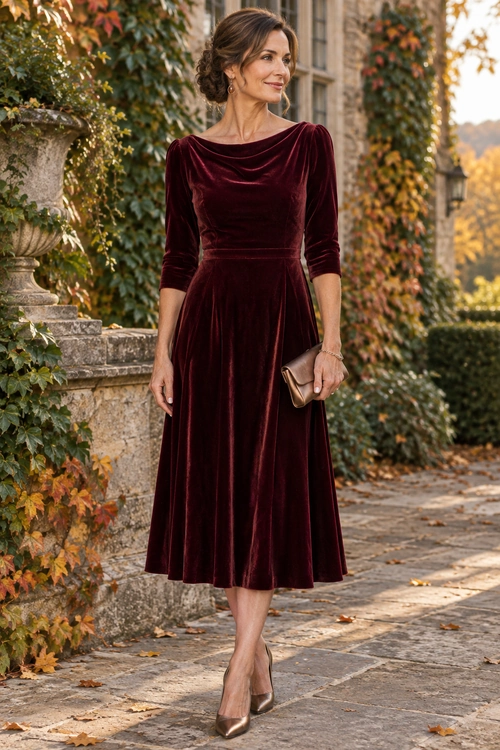 Woman wearing a burgundy velvet midi dress with three-quarter sleeves, pointed heels, and a brown clutch.