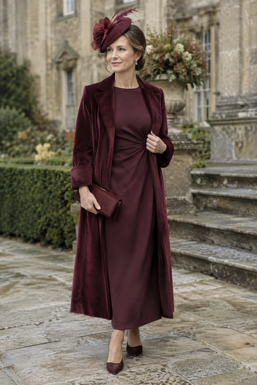 Woman wearing a burgundy dress, velvet coat, feathered fascinator, clutch, and matching pumps outdoors.