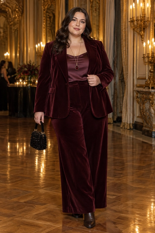 Burgundy Velvet Suit Outfit A woman wears a burgundy velvet blazer with matching wide-leg trousers, a satin camisole, dark ankle boots, a pendant necklace, and a black beaded handbag.