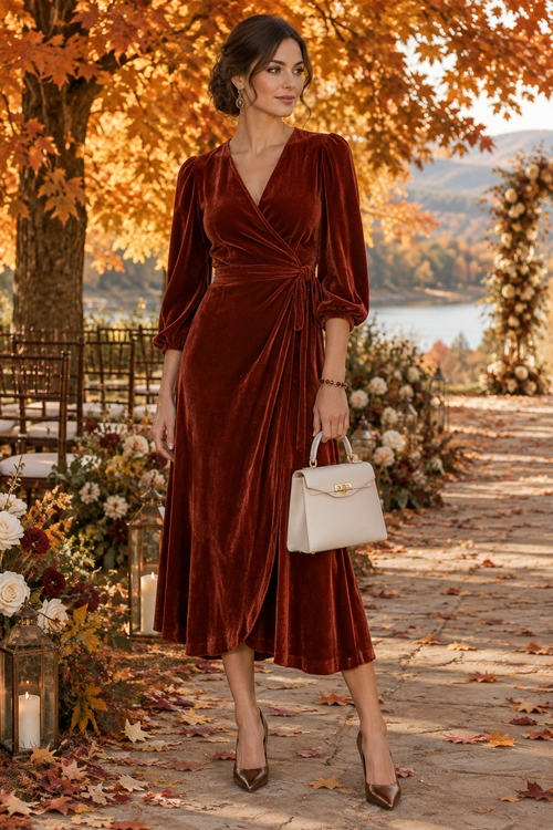 A woman wears a burgundy velvet long-sleeve wrap dress with black block-heel pumps, a structured black handbag, and gold drop earrings.