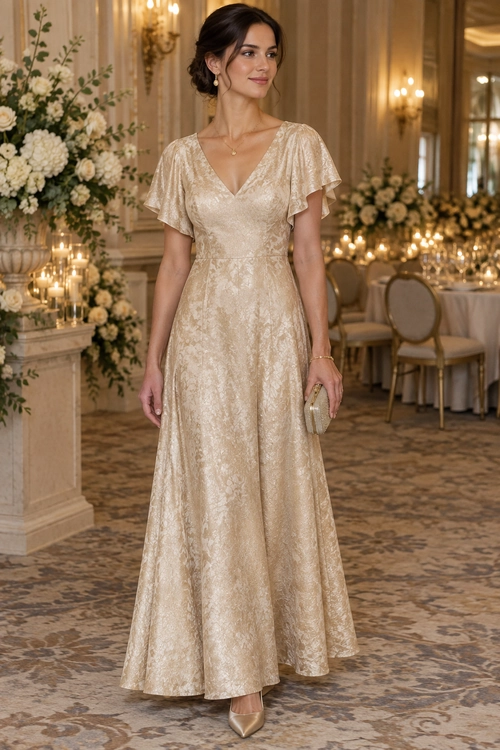 Champagne Flutter-Sleeve Evening Dress Woman wearing a champagne textured maxi dress with flutter sleeves, pointed-toe heels, jewelry, and a small clutch.
