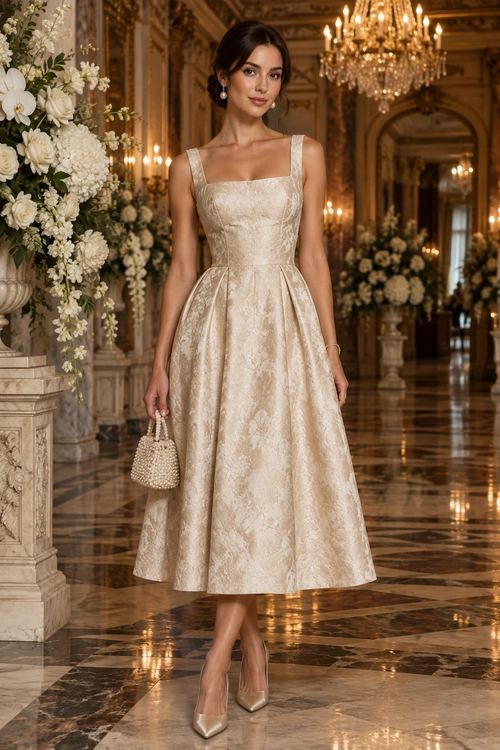 Champagne Jacquard Midi Dress Woman wearing a champagne jacquard midi dress with a square neckline, beaded handbag, and nude pointed-toe pumps.