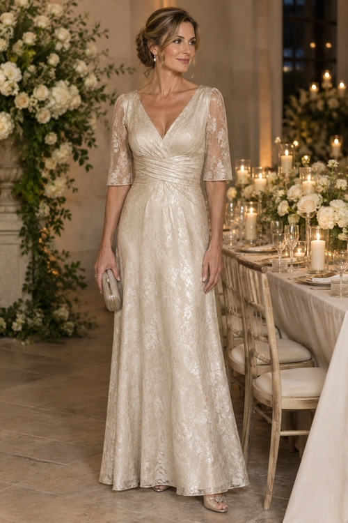 A woman wears a champagne lace floor-length dress with a V-neck, ruched bodice, elbow-length sleeves, and a small metallic clutch.