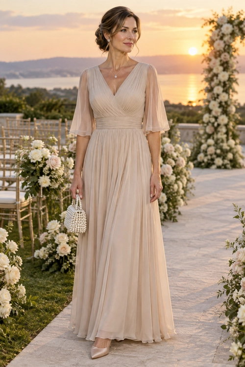 Woman wearing a champagne pleated floor-length dress with sheer flutter sleeves, pointed-toe heels, and a pearl beaded clutch.