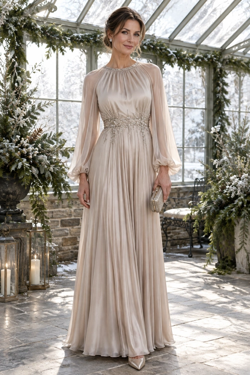 A woman wears a flowing champagne-colored gown with sheer long sleeves, a beaded waist, pointed heels, and a small clutch.