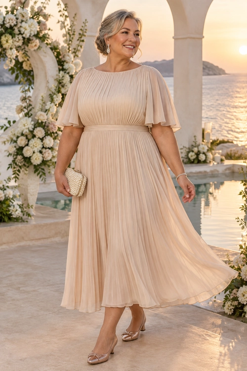 Champagne Pleated Flutter-Sleeve Dress Woman wearing a champagne pleated dress with flutter sleeves, a beaded clutch, and low metallic heels.