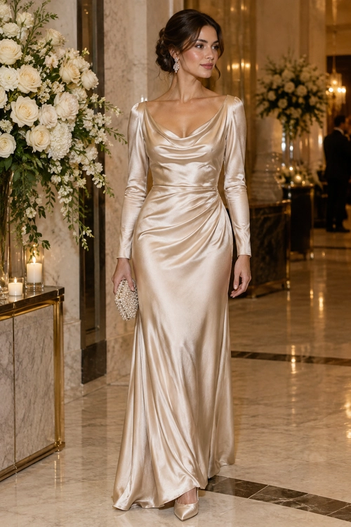 Champagne Satin Cowl-Neck Gown Woman wearing a champagne satin floor-length gown with a draped cowl neckline, long sleeves, and a beaded clutch.