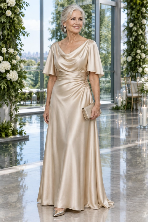 A woman wearing a champagne satin floor-length gown with a draped neckline, flutter sleeves, ruched waist, matching clutch, and pointed heels.