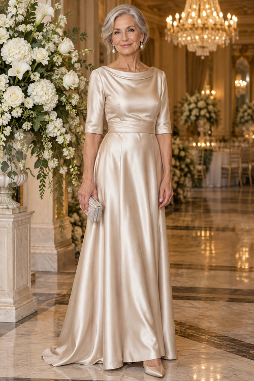 A woman wearing a champagne satin floor-length gown with elbow-length sleeves, a metallic clutch, and pointed pumps.