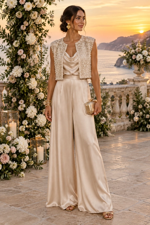 A champagne satin outfit with wide-leg trousers, a draped top, and an embellished cropped vest.