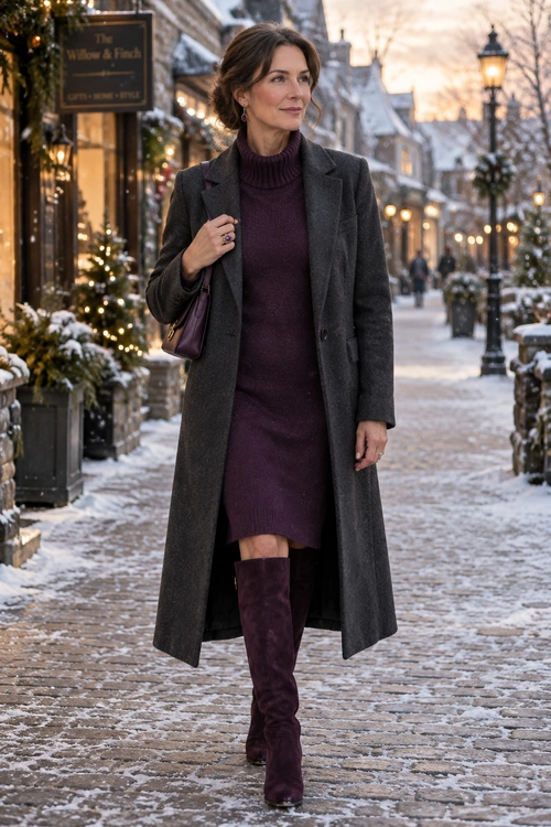 Charcoal Coat and Plum Knit Dress Woman wearing a charcoal long coat over a plum turtleneck knit dress with matching knee-high boots and a shoulder bag.