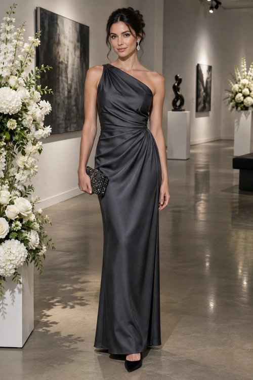 Charcoal One-Shoulder Satin Gown Woman wearing a charcoal gray one-shoulder satin gown with draped ruching, a black embellished clutch, and black heels.