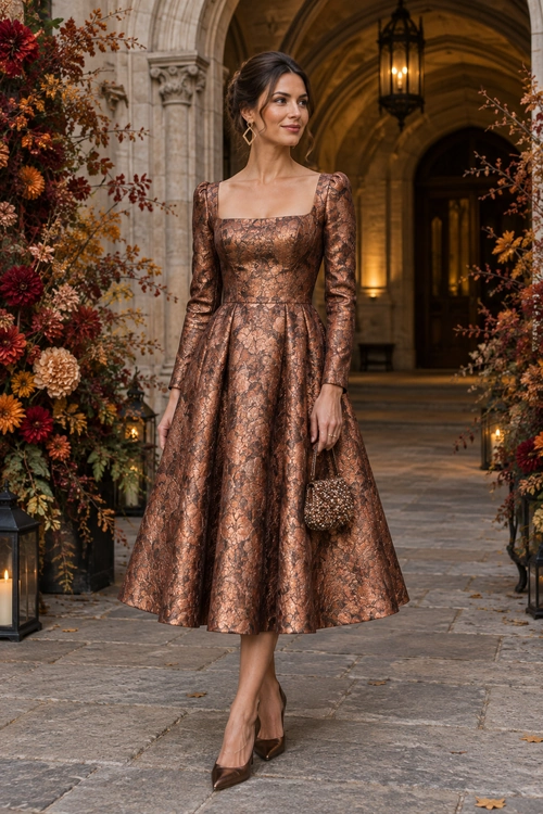 Copper Brocade Midi Dress A woman wears a copper floral brocade midi dress with long sleeves, pointed heels, drop earrings, and a beaded handbag.