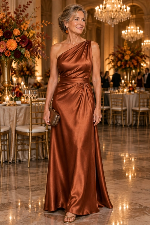Copper One-Shoulder Satin Gown Woman wearing a copper satin one-shoulder gown with draped detailing, a small clutch, gold earrings, and strappy sandals.