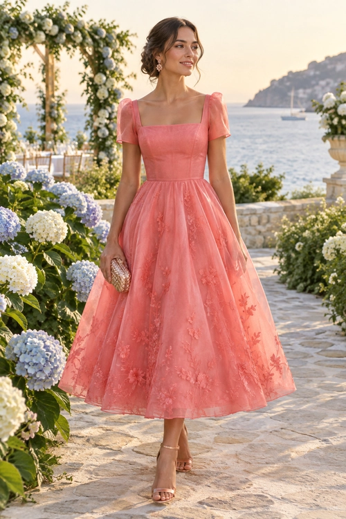 Coral Floral Midi Dress A woman wears a coral pink floral midi dress with puff sleeves, strappy sandals, and a woven clutch in a garden setting.