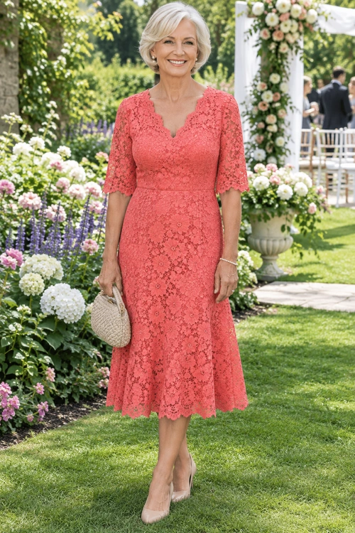 Woman wearing a coral pink lace midi dress with nude pumps and a woven clutch in a garden setting.