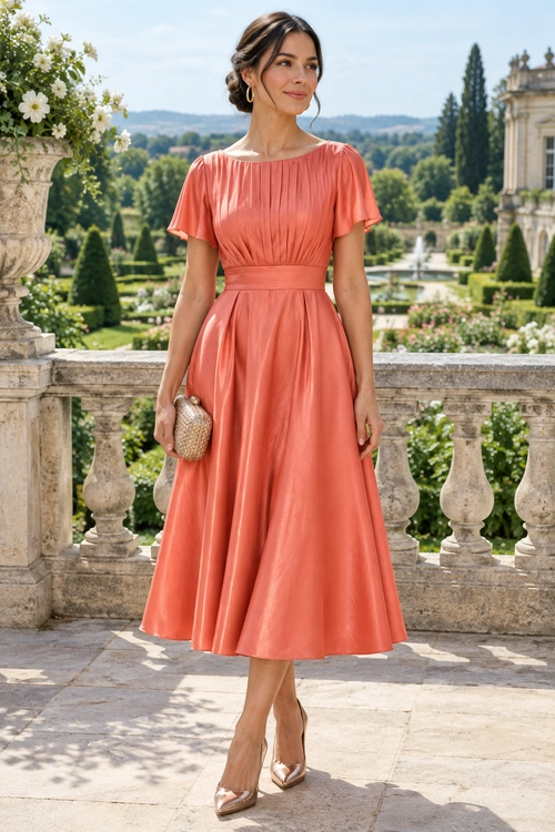 Coral Pleated Midi Dress Outfit Woman wearing a coral pleated midi dress with flutter sleeves, nude pointed heels, hoop earrings, and a small woven clutch.