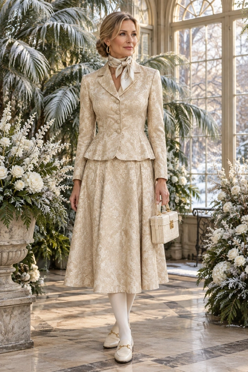 Cream Jacquard Skirt Suit A woman wears a cream patterned skirt suit with a neck scarf, light tights, loafers, and a structured handbag.