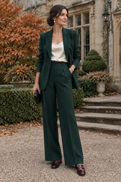 Woman wearing a dark green blazer and wide-leg trousers with an ivory satin top and burgundy loafers.