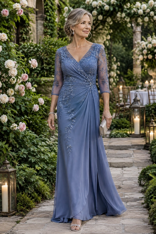 Dusty Blue Lace Evening Gown Woman wearing a floor-length dusty blue gown with a draped bodice, sheer lace sleeves, floral detailing, and a small clutch.
