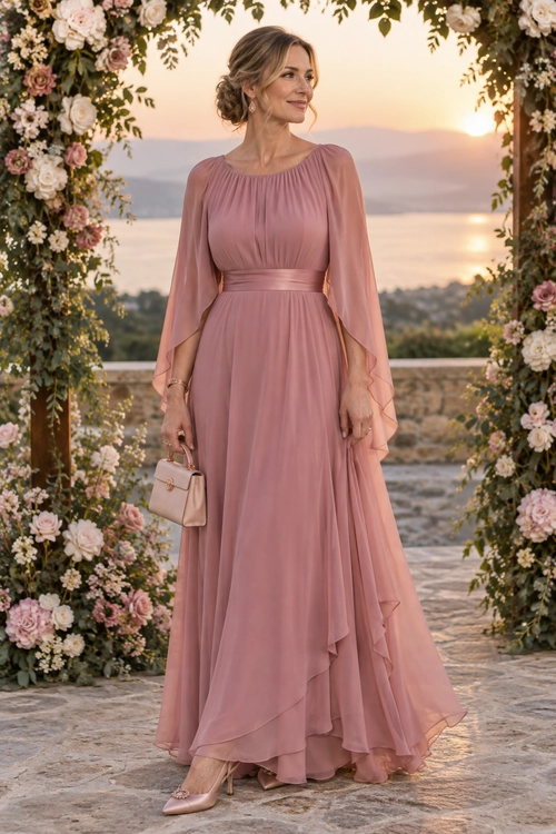 Woman wearing a dusty rose floor-length dress with sheer flowing sleeves, a wide waist sash, matching pointed heels, and a small handbag.