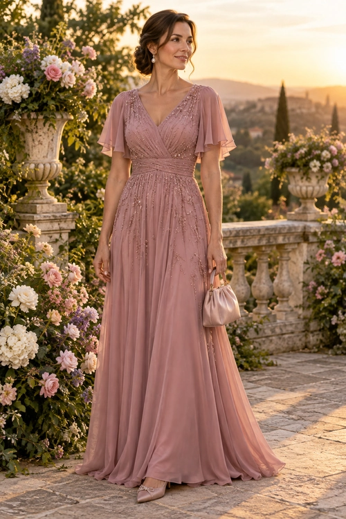 A woman wears a floor-length dusty rose gown with flutter sleeves, delicate embellishment, pointed heels, and a small matching clutch.