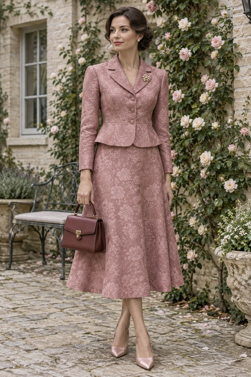 A woman wears a dusty rose floral jacquard peplum blazer with a matching midi skirt, pointed pumps, and a structured handbag.