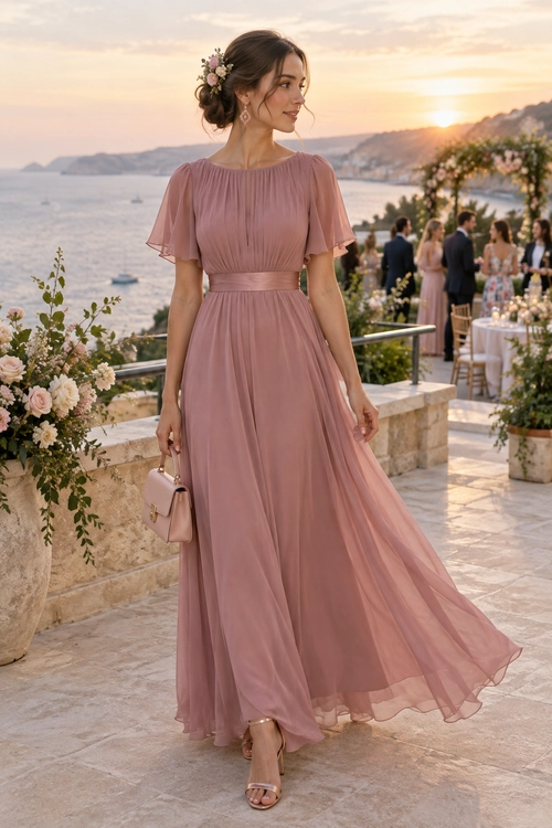 Dusty Rose Flutter-Sleeve Maxi Dress A woman wears a dusty rose flutter-sleeve maxi dress with a small pink handbag and strappy sandals.
