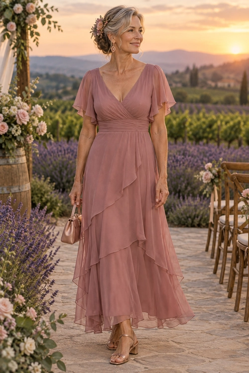 Dusty Rose Ruffled Maxi Dress Woman wearing a dusty rose V-neck maxi dress with flutter sleeves and layered ruffles, paired with a small handbag and heeled sandals.