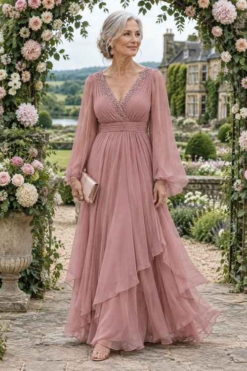 A woman wears a flowing dusty rose maxi dress with sheer sleeves, a beaded V-neckline, a ruched waist, and a tiered skirt, paired with a blush clutch and open-toe sandals.