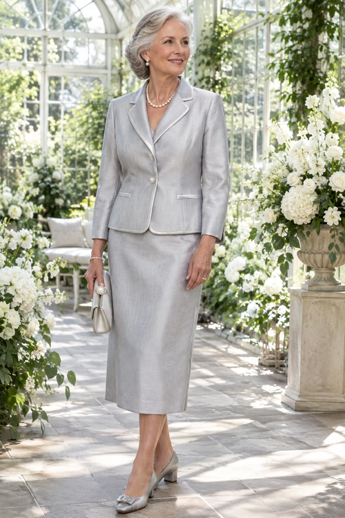 Elegant Gray Skirt Suit A woman wearing a tailored light gray blazer and matching midi skirt with pearl jewelry and gray pumps.