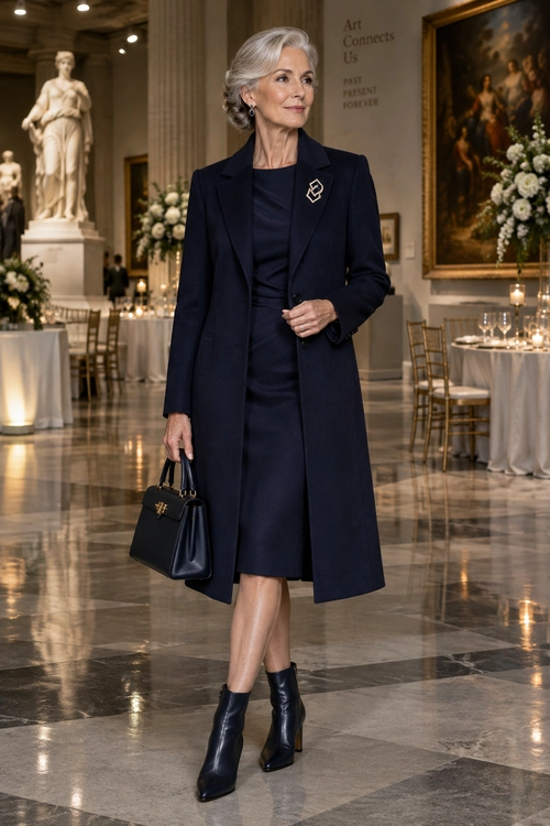 Elegant Navy Evening Look A woman wears a tailored navy coat over a navy dress with black ankle boots and a structured black handbag.