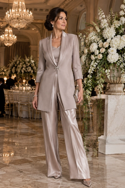 Woman wearing a taupe satin blazer, matching wide-leg trousers, pointed heels, and carrying a small clutch at an elegant formal event.