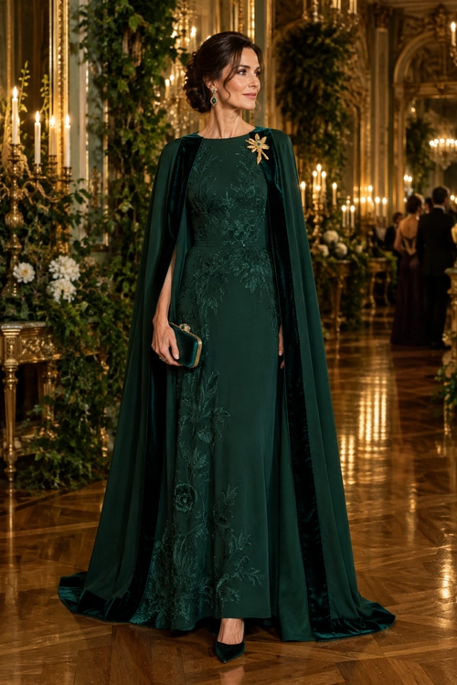 Emerald Green Gown with Cape A woman wears a floor-length emerald green embroidered gown with a matching cape, gold brooch, earrings, clutch, and pointed heels.