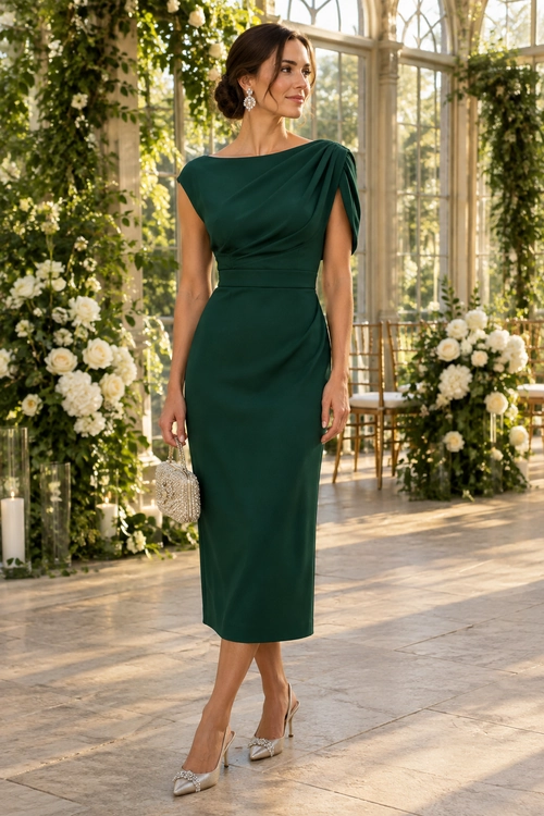 Emerald Green Draped Midi Dress Woman wearing an emerald green draped midi dress with silver earrings, a beaded clutch, and pointed-toe heels.