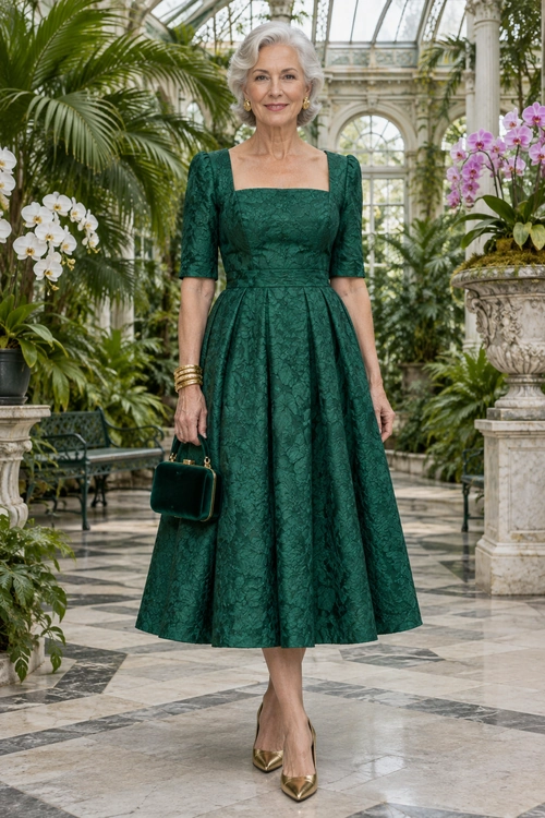 A woman wearing an emerald green textured midi dress with a square neckline, gold pointed heels, bracelets, and a small green handbag.