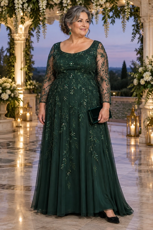 Emerald Green Lace Evening Gown A woman wears a floor-length emerald green gown with sheer lace sleeves and floral detailing, styled with a black clutch and black shoes.