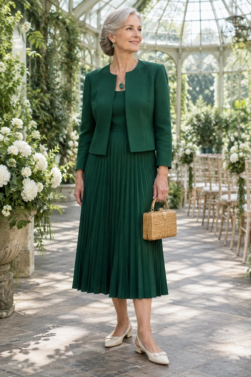 Emerald Green Pleated Dress Outfit Woman wearing an emerald green jacket and pleated dress with cream flats, a pendant necklace, and a woven handbag.