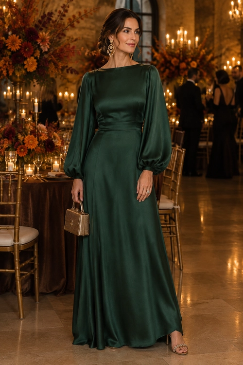 A woman wears a dark emerald green satin floor-length dress with voluminous sleeves, gold earrings, a small metallic clutch, and strappy heels.