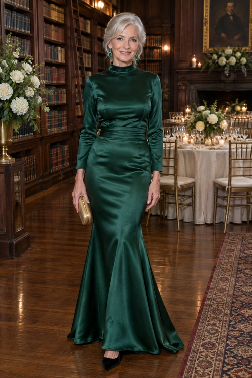 A woman wears a long-sleeved emerald green satin mermaid gown with black pointed-toe heels, a gold clutch, and drop earrings.