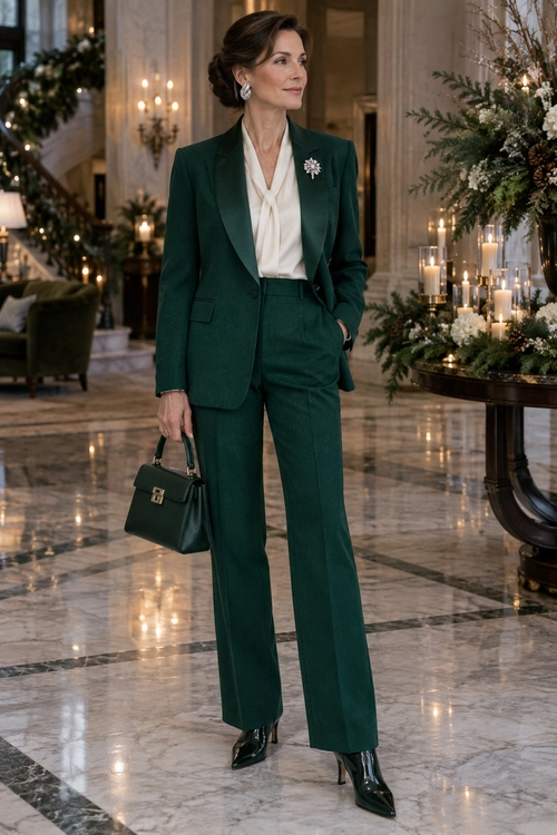 Emerald Green Tailored Suit A woman wears an emerald green tailored blazer and trousers with an ivory tie-neck blouse, black pointed heels, a structured handbag, and a floral brooch.