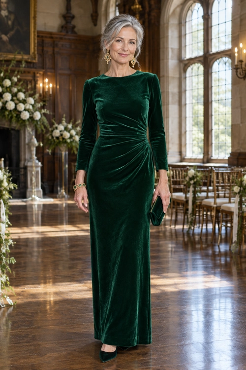 Emerald Velvet Evening Dress Woman wearing a long-sleeved emerald green velvet dress with a gathered waist, gold earrings, a bracelet, matching clutch, and pointed-toe shoes.